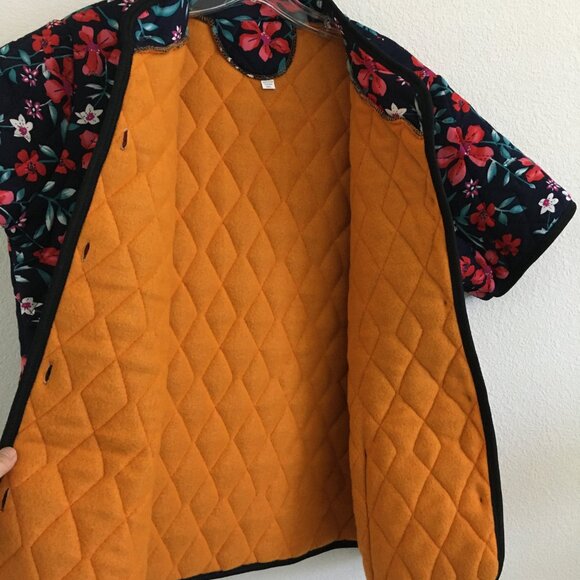 Korean Fashion Quilted Cozy Short Sleeve Top Floral Navy Blue Red Womens M/L - Picture 10 of 12